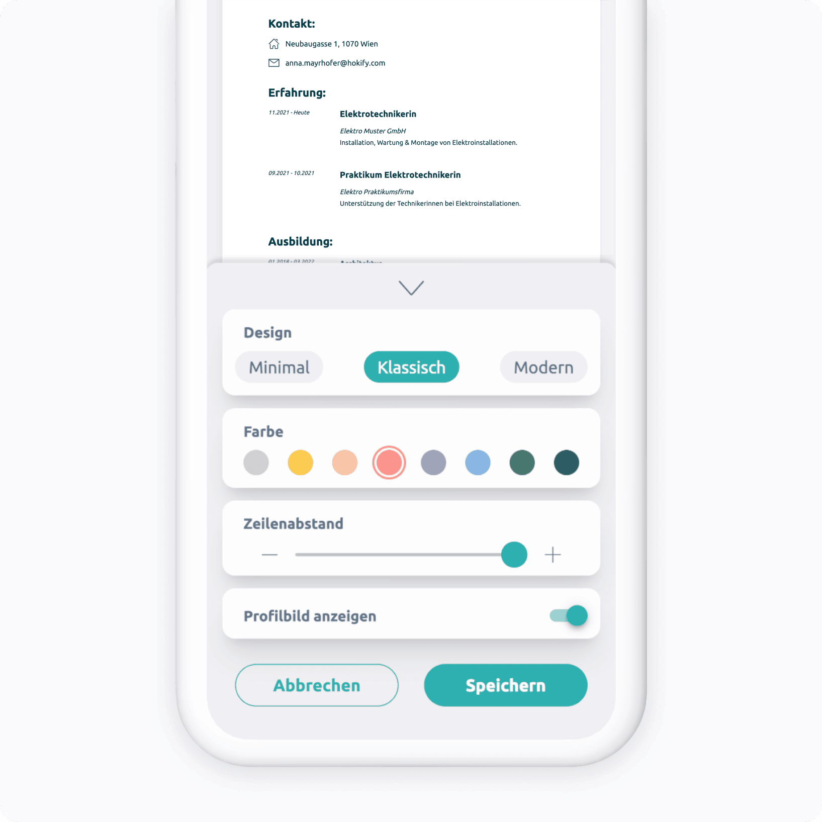hokify Lebenslauf-Designer Settings